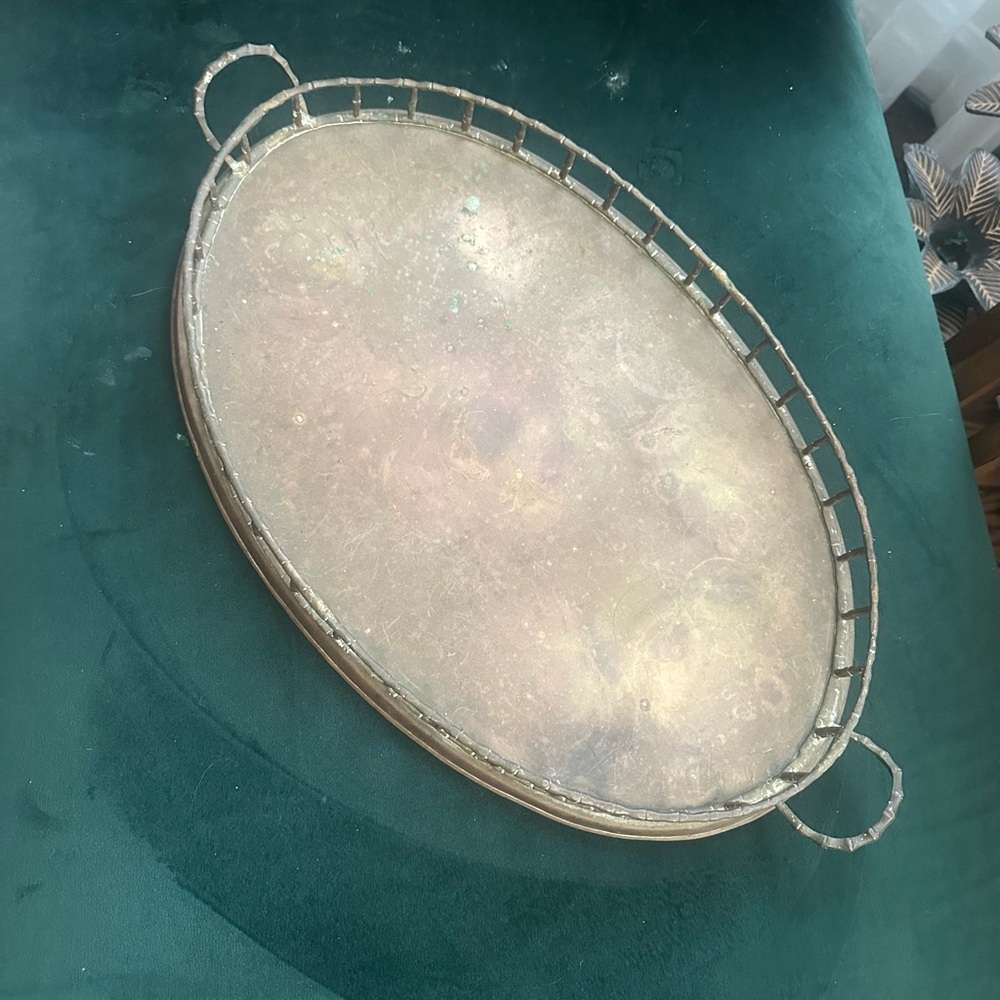 Vintage Oval brass Metal Serving Tray with Handles